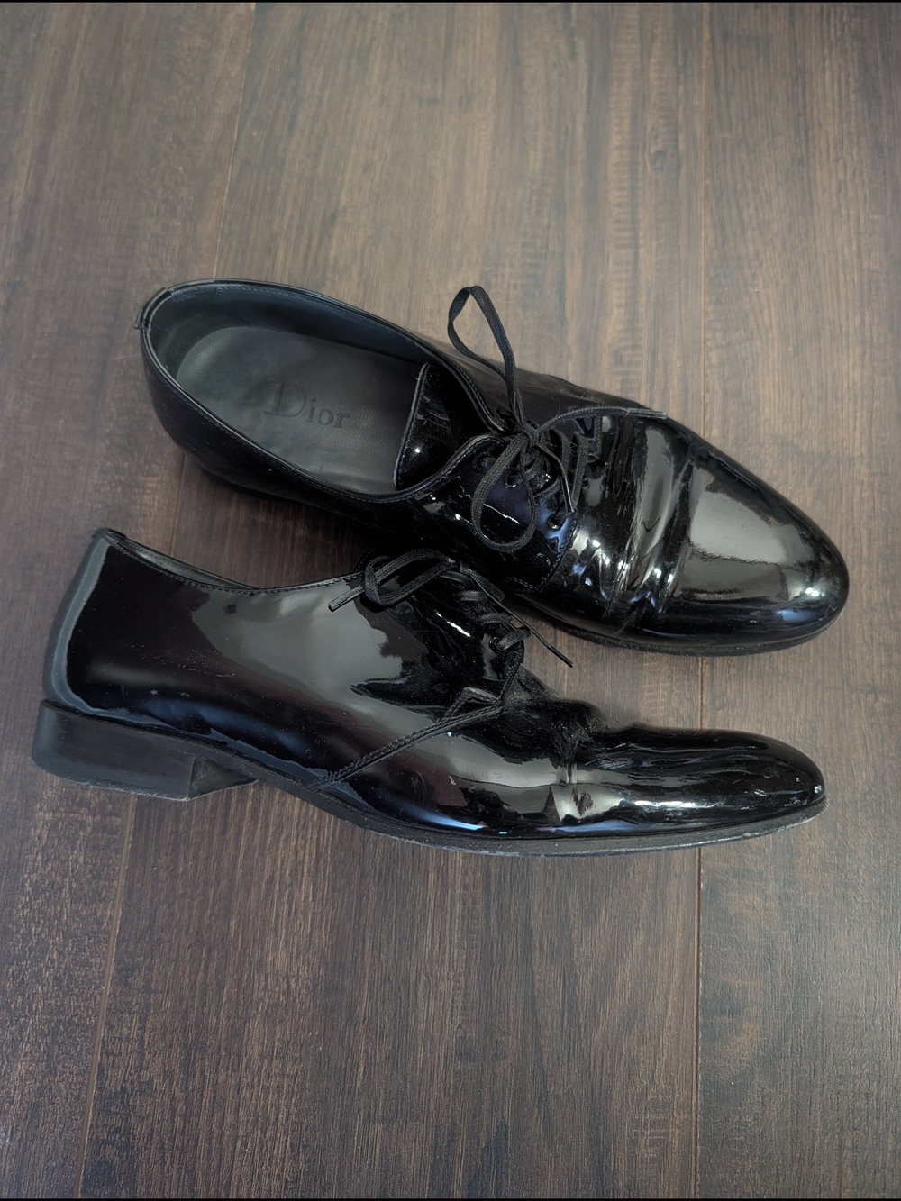 Dior Vintage Hedi Slimane Black Patent Leather Lace-Up Derby Dress Shoes Italy